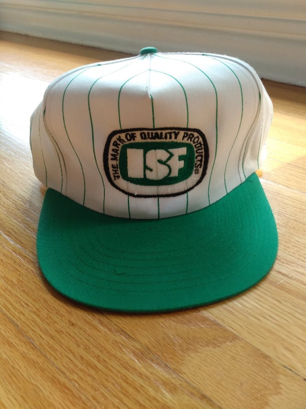 Vintage Farmer Trucker Hat ISF International Stock Food Green White Striped